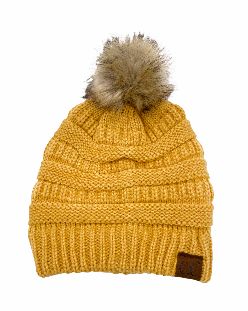 Hat-43 BEANIE W/FAUX FUR POM - HONEY MUSTARD  display picture 2