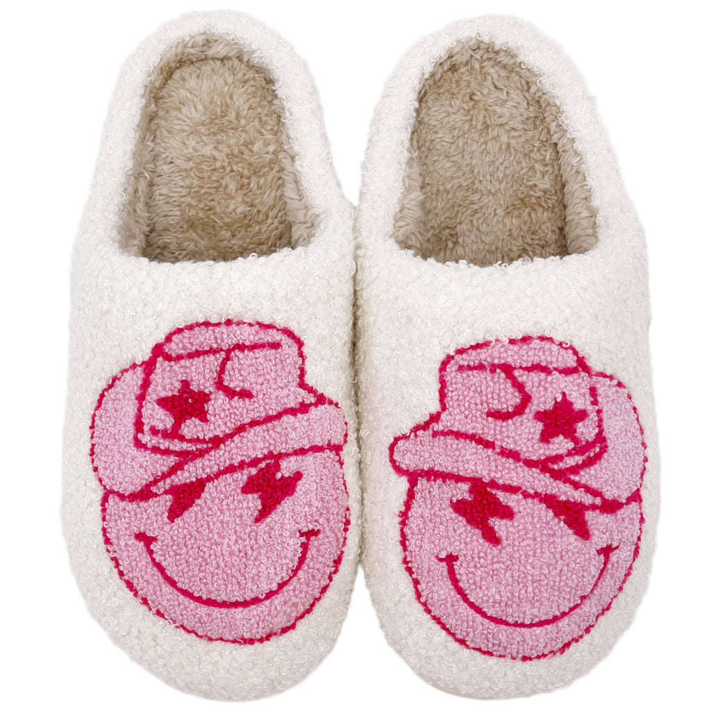 SF-1120 Happy Face with Cowboy Hat Slippers White – girliegirloriginals