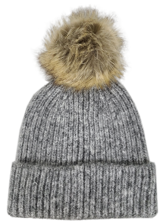 Hat-2074 Beanie with Faux Fur Pom Melange Grey