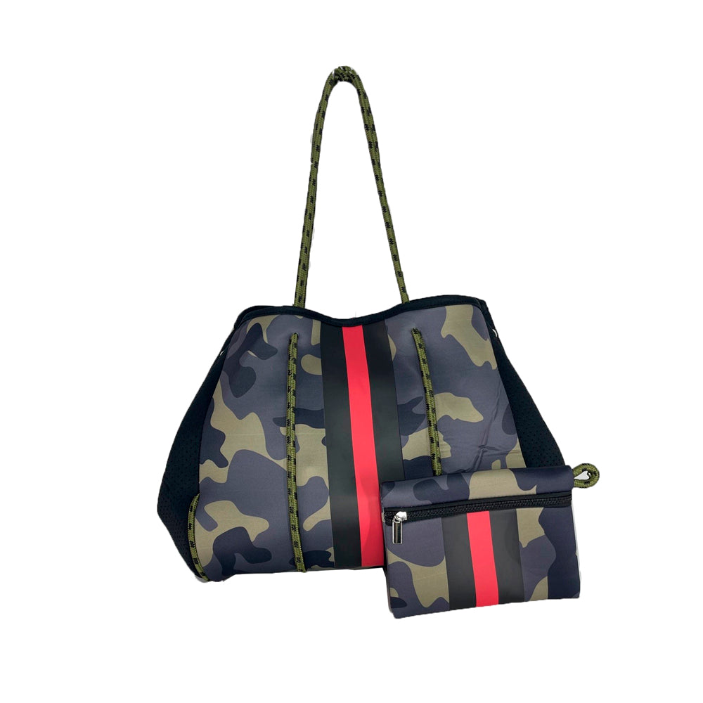 Camo with Red/Black Stripe Neoprene Tote