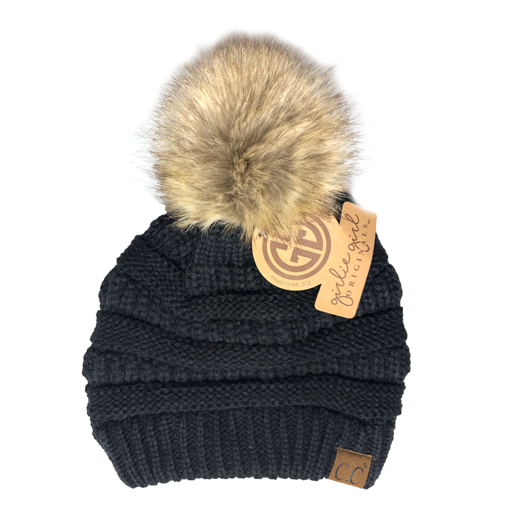 Cozy Brown and Black fur Pom-Pom Hat Black Knit Pom Pom Beanie HatWarm Winter Brown Faux Fur Pom  main image 4