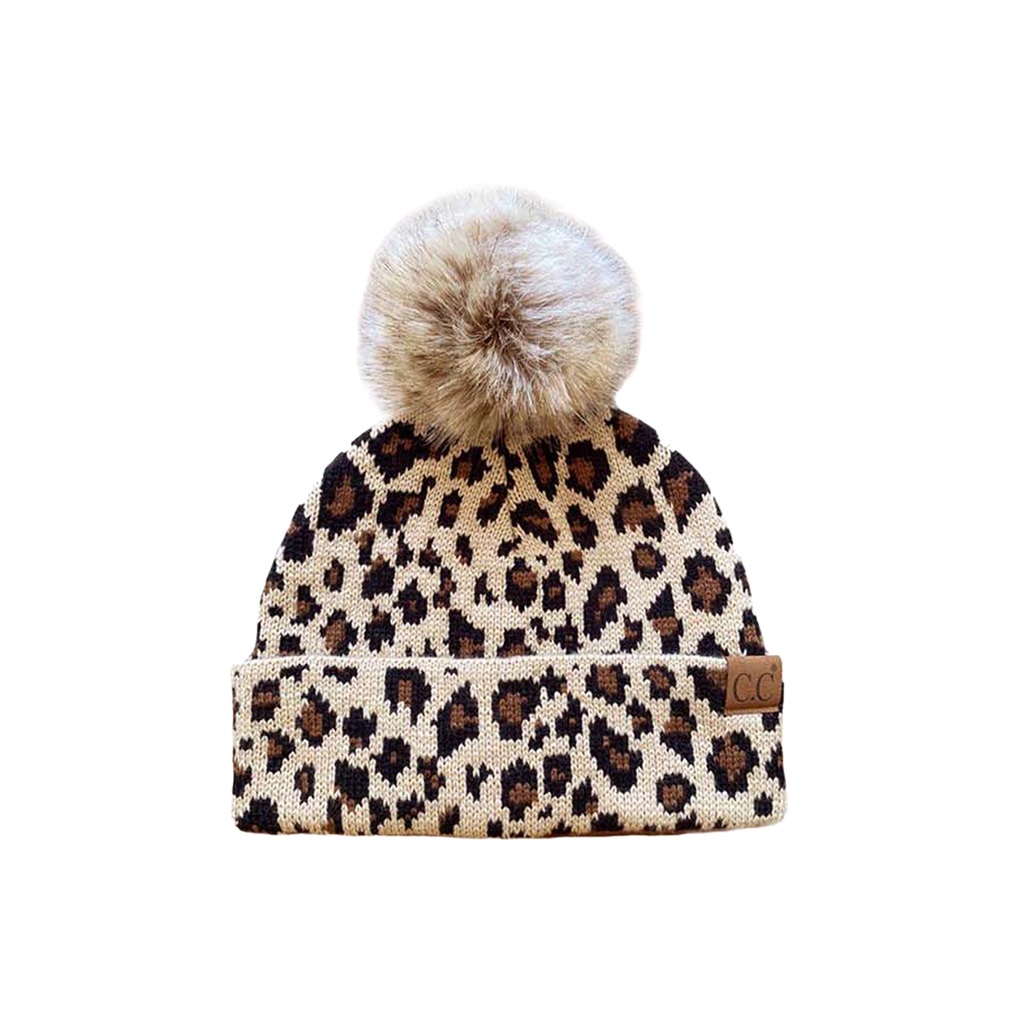 LP-43-KIDS Leopard Beanie w/Faux Fur Pom – girliegirloriginals