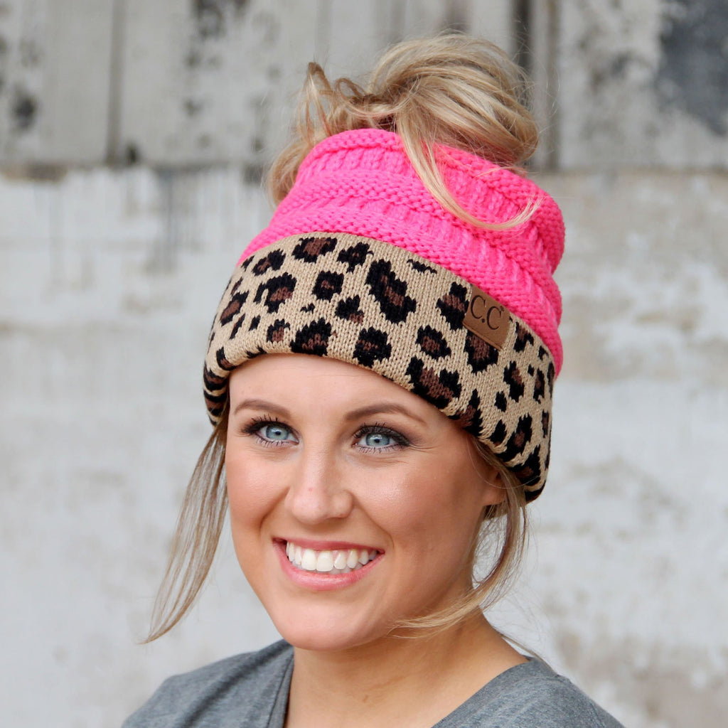 MB-45 MESSY BUN LEOPARD BEANIE NEW CANDY PINK – girliegirloriginals