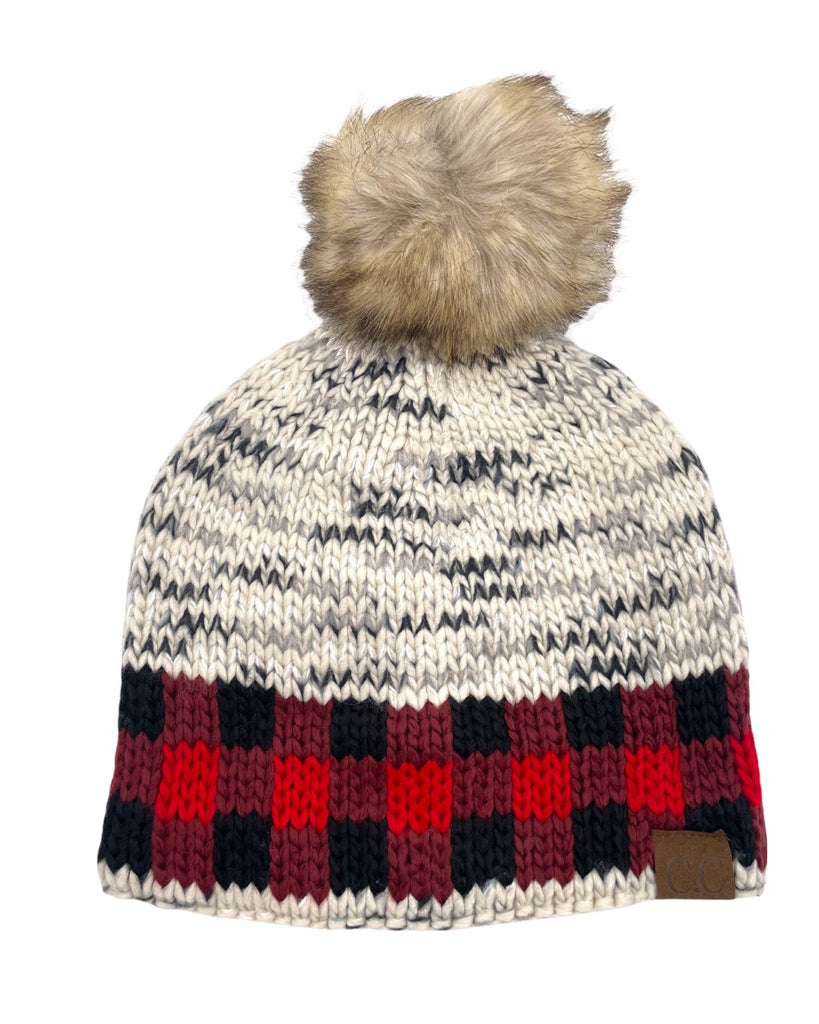 HAT-2083 Buffalo Check Mixed Print Faux Fur Beanie Ivory/Red