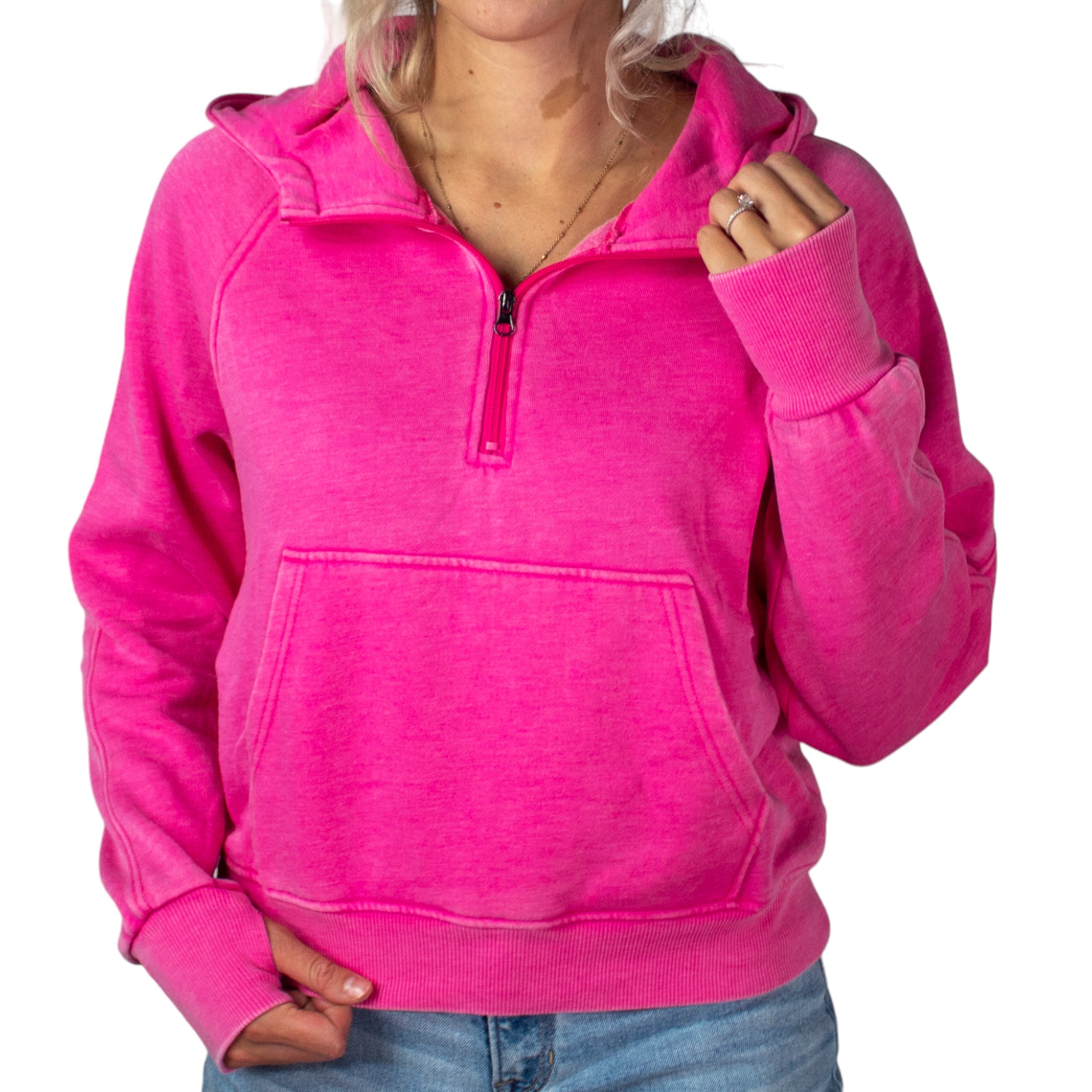 PO-7204 Half Zip Wash Hoodie Hot Pink