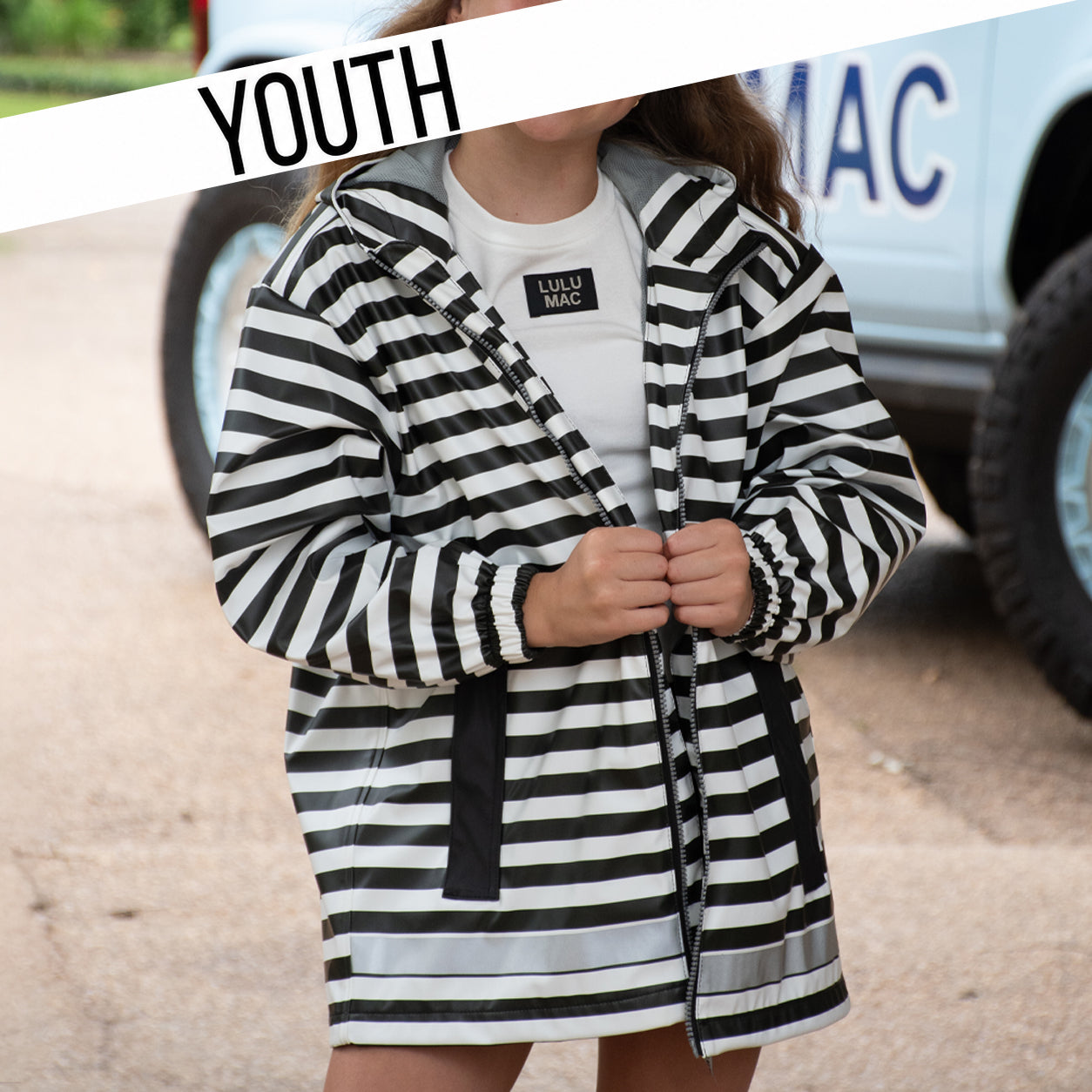 KD-RC-1000 Darby Stripe Youth Lulu Mac  Raincoat - Black/White