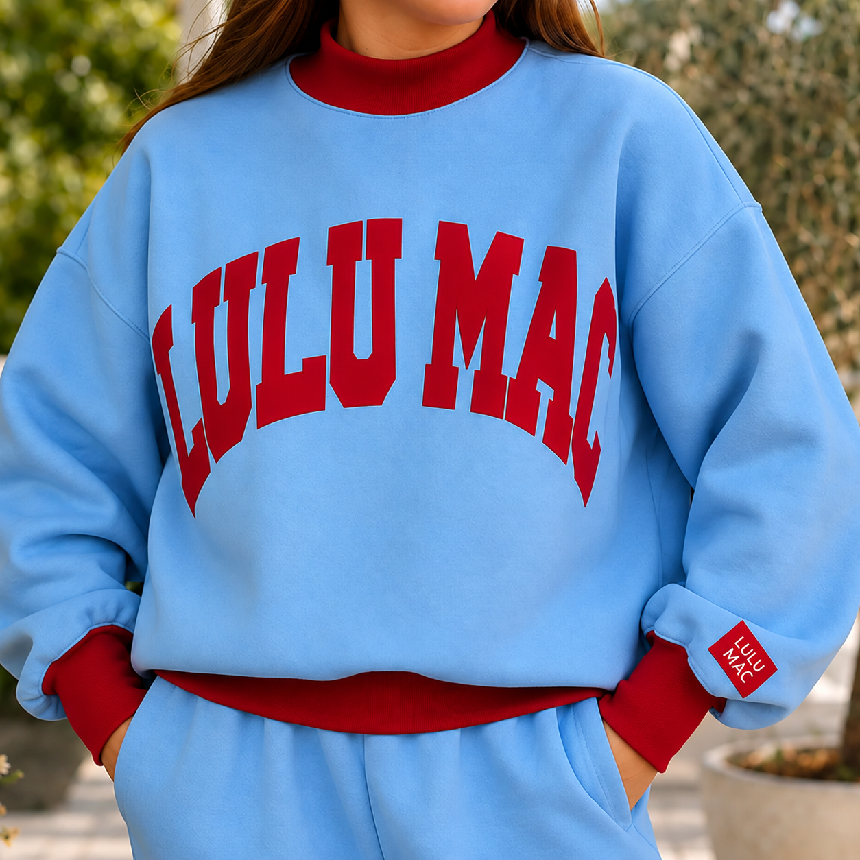 LM-MN-1009 Puff Mock Neck Sweatshirt- Light Blue/Red
