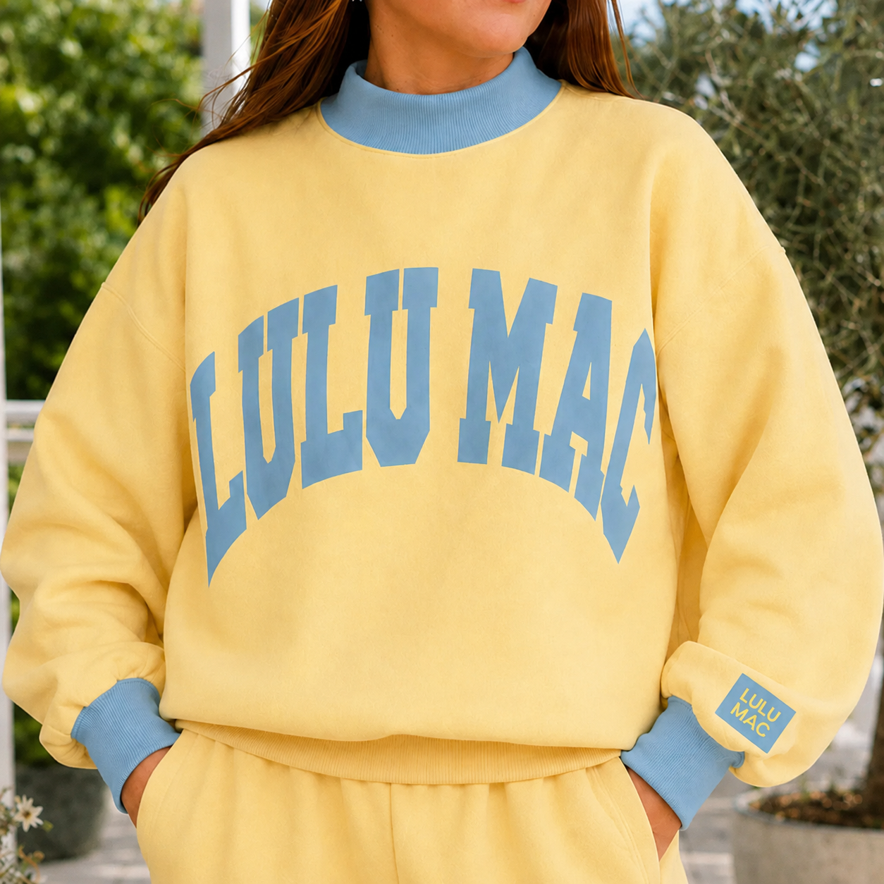LM-MN-1009 Puff Mock Neck Sweatshirt - Butter/Light Blue