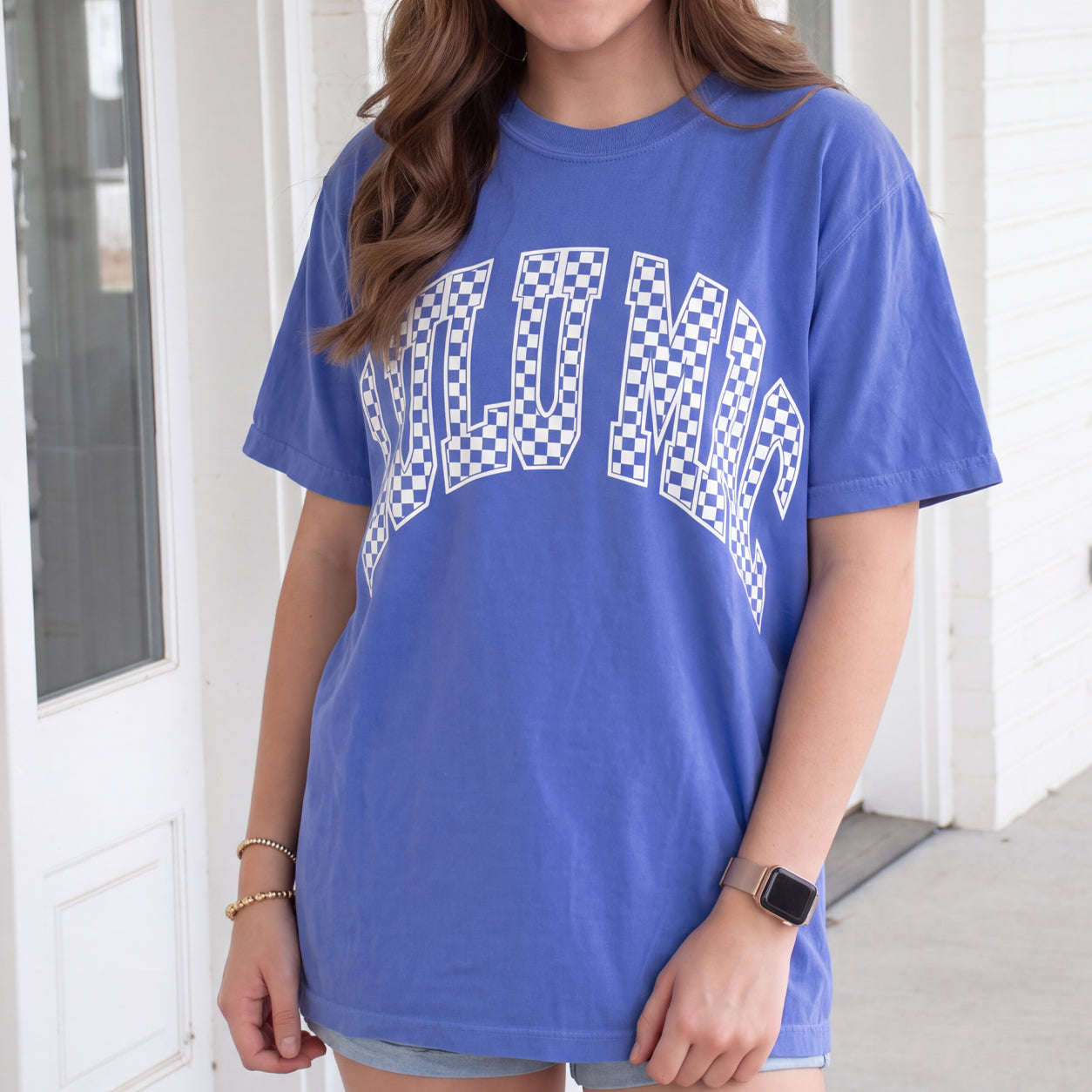 LM-CHK-1000 Checkered Adult Flo Blue Comfort Colors Tee