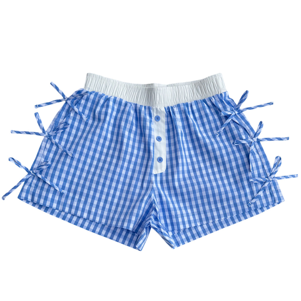 BB-4828 BUTTON BOW GINGHAM BOXER SHORTS LIGHT BLUE