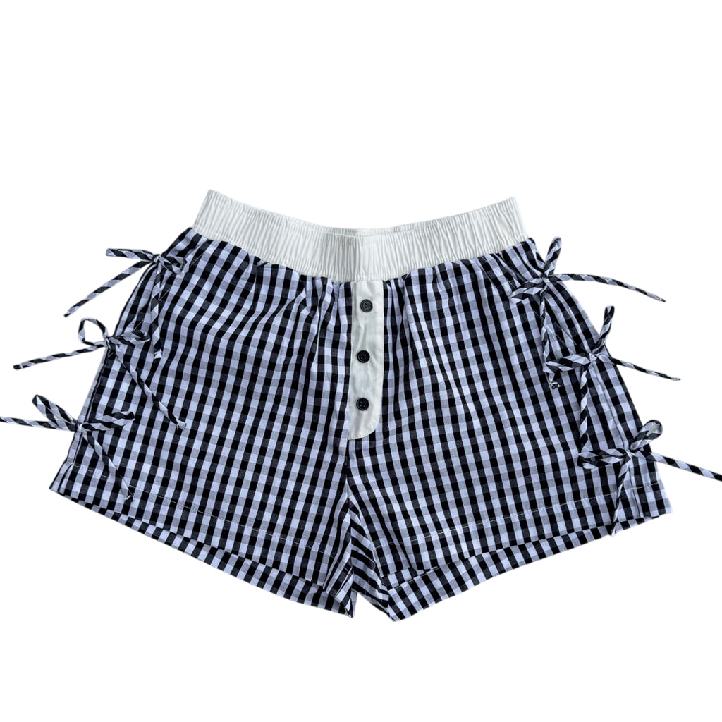 BB-4828 BUTTON BOW GINGHAM BOXER SHORTS BLACK