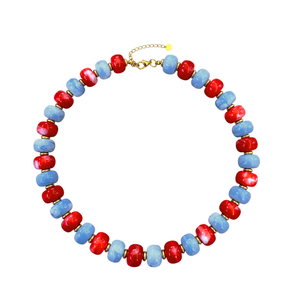 LM-NK-1006 BEADED NECKLACE - RED/LIGHT BLUE
