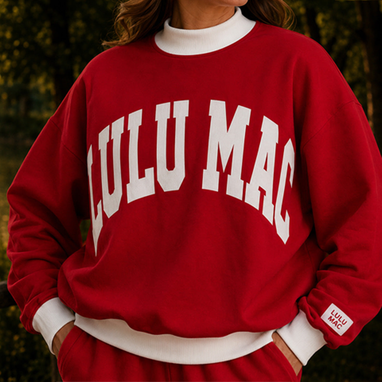 LM-MN-1009 Puff Mock Neck Sweatshirt- Red/White