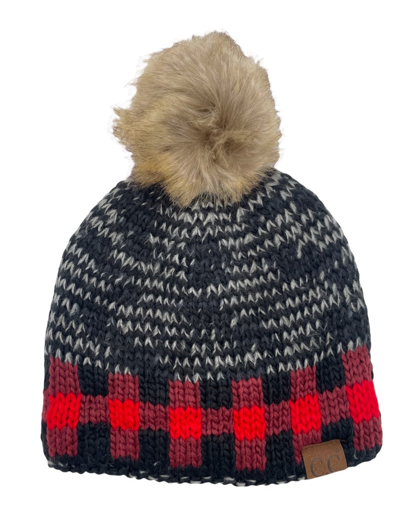 HAT-2083 Buffalo Check Mixed Print Faux Fur Beanie - Black/Red