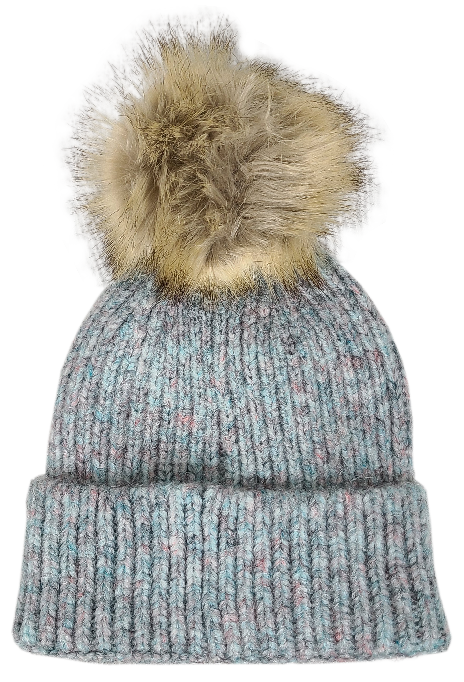 Hat-2074 Beanie with Faux Fur Pom Aqua Multi