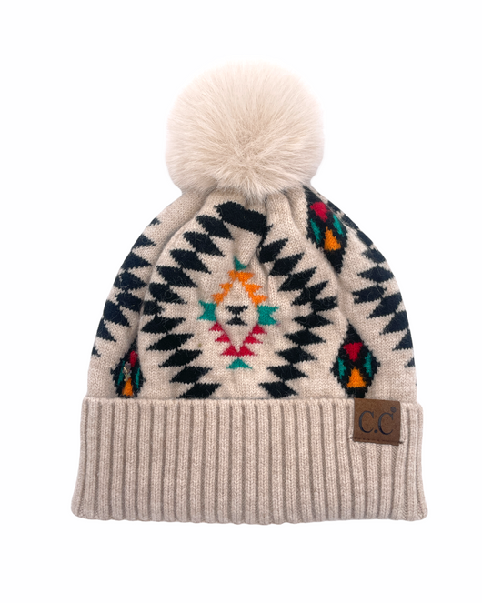 Hat-3001 Aztec Beanie w/Faux Fur Pom - Beige