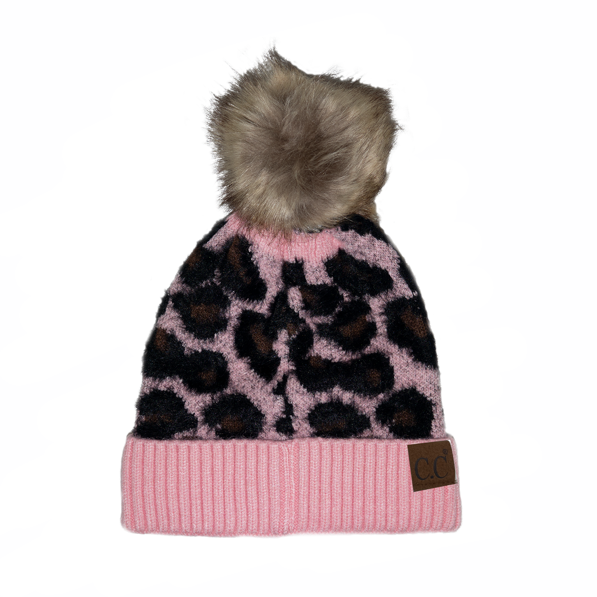Hat-2061 Beanie with Faux Fur Pom Baby Pink