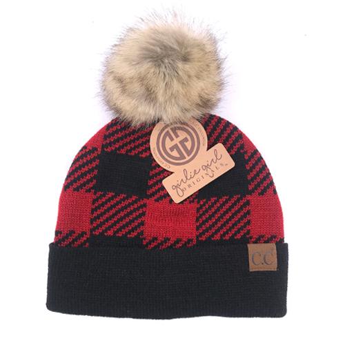 BP-43 Red/Black Buffalo Plaid Beanie w/Faux Fur Pom