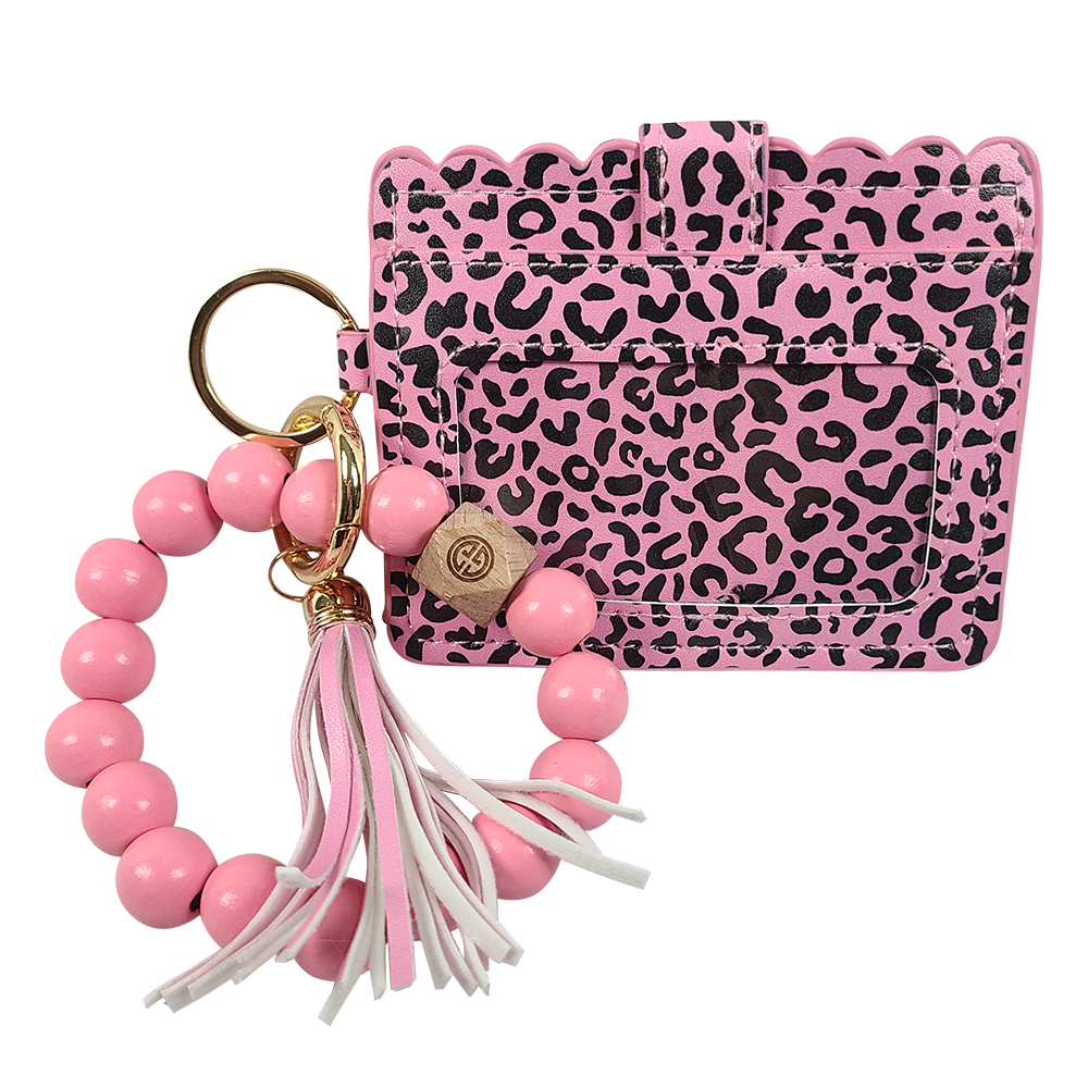 CL-7311 Beaded Wristlet ID Wallet Leopard Pink