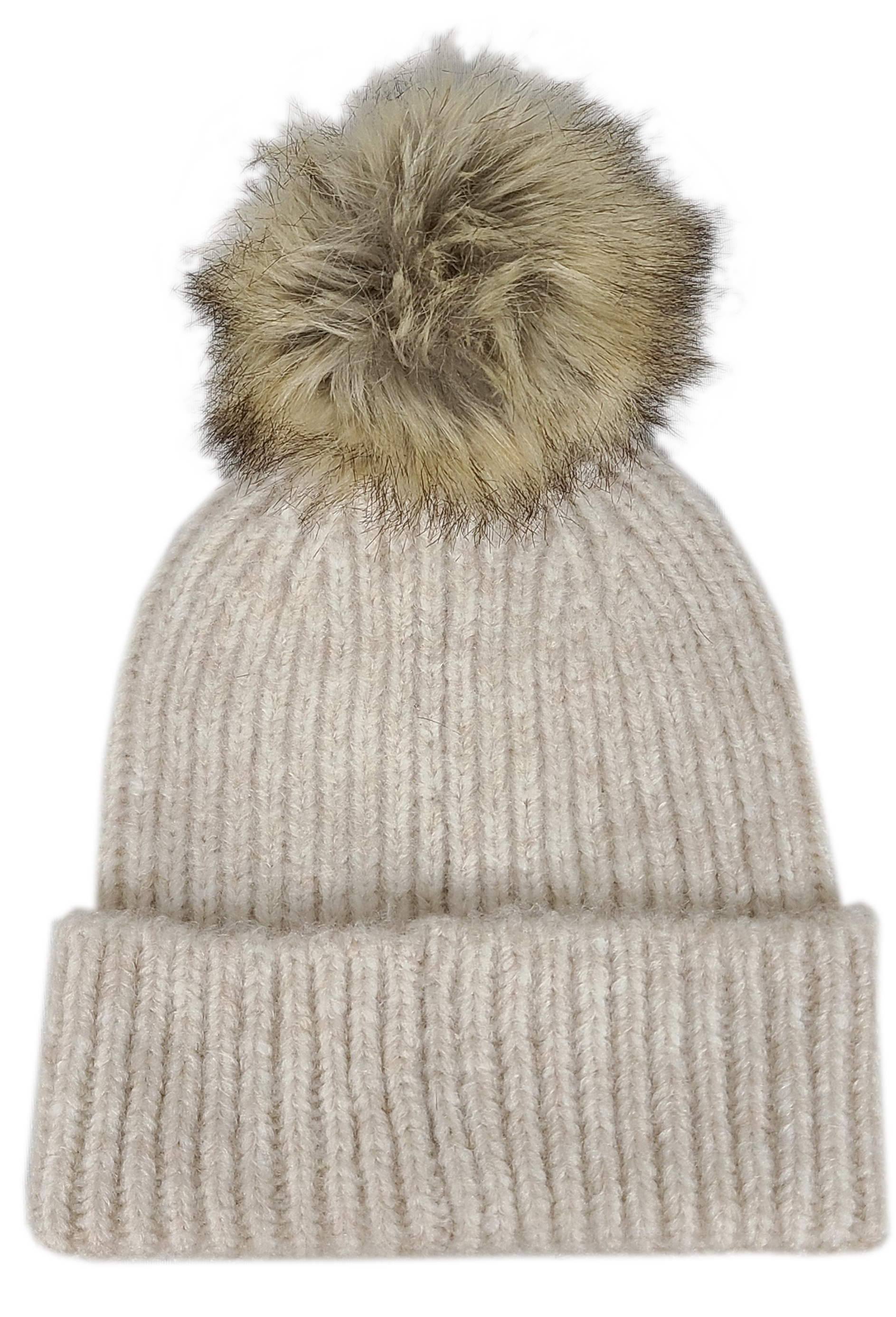 Hat-2074 Beanie with Faux Fur Pom Oatmeal