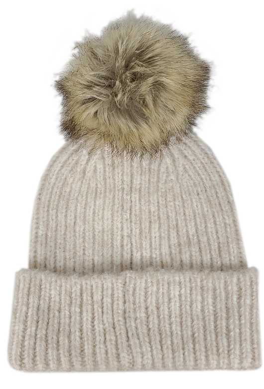 Hat-2074 Beanie with Faux Fur Pom Oatmeal