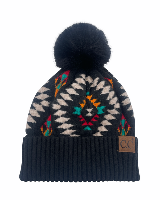 Hat-3001 Aztec Beanie w/Faux Fur Pom - Black