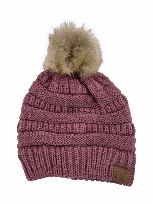 Hat-43 BEANIE W/FAUX FUR POM - COCO BERRY