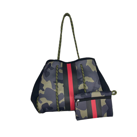 Camo with Red/Black Stripe Neoprene Tote