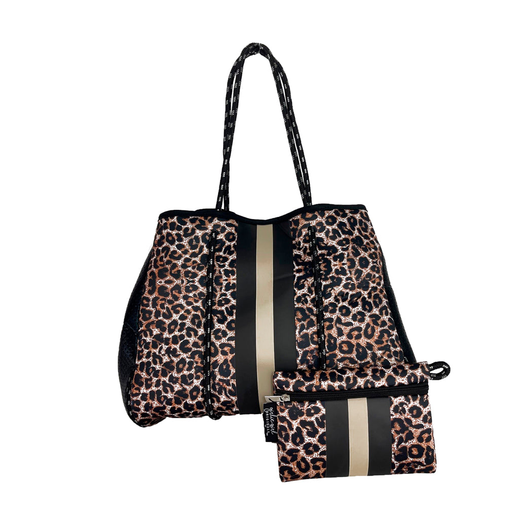 NP-4500 Leopard Brown Tan Stripe Neoprene Tote Bag NP-4500 Leopard Brown Tan Stripe Neoprene Tote Bag