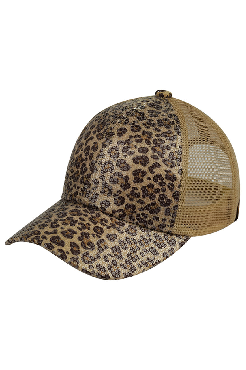 BAB-8041 Sequin Mesh Back Cap Leopard Beige