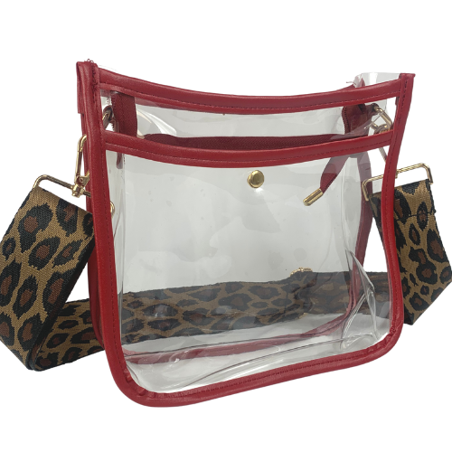 CL-7383 Clear Crossbody Leopard Strap Purse-Red