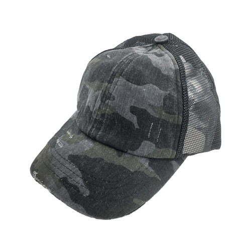Funky Junque Criss Cross Women's Baseball Cap - Distressed Trucker Hat With Ponytail Hole For Messy Buns & High Ponytails, Adjustable One Size, Black/Black Camo - View #3