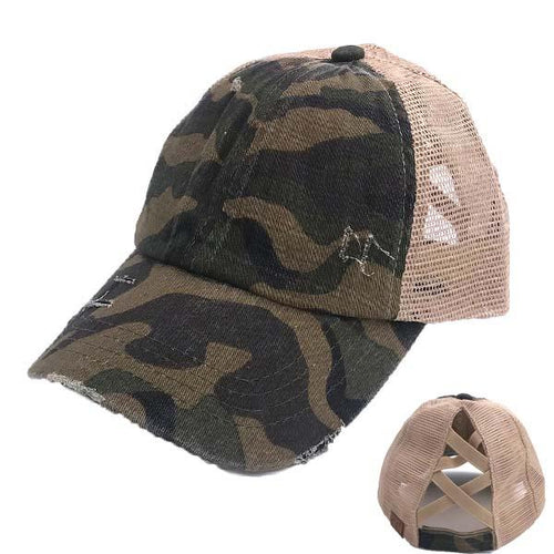 Funky Junque Criss Cross Women's Baseball Cap - Distressed Trucker Hat With Ponytail Hole For Messy Buns & High Ponytails, Adjustable One Size, Black/Black Camo - View #9