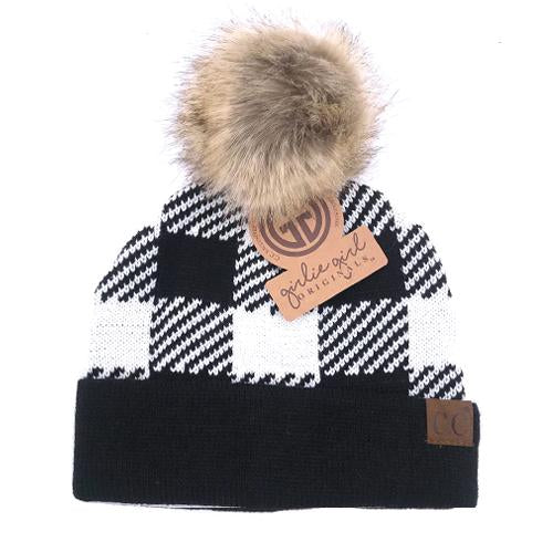 BP-43 White/Black Buffalo Plaid Beanie w/Faux Fur Pom