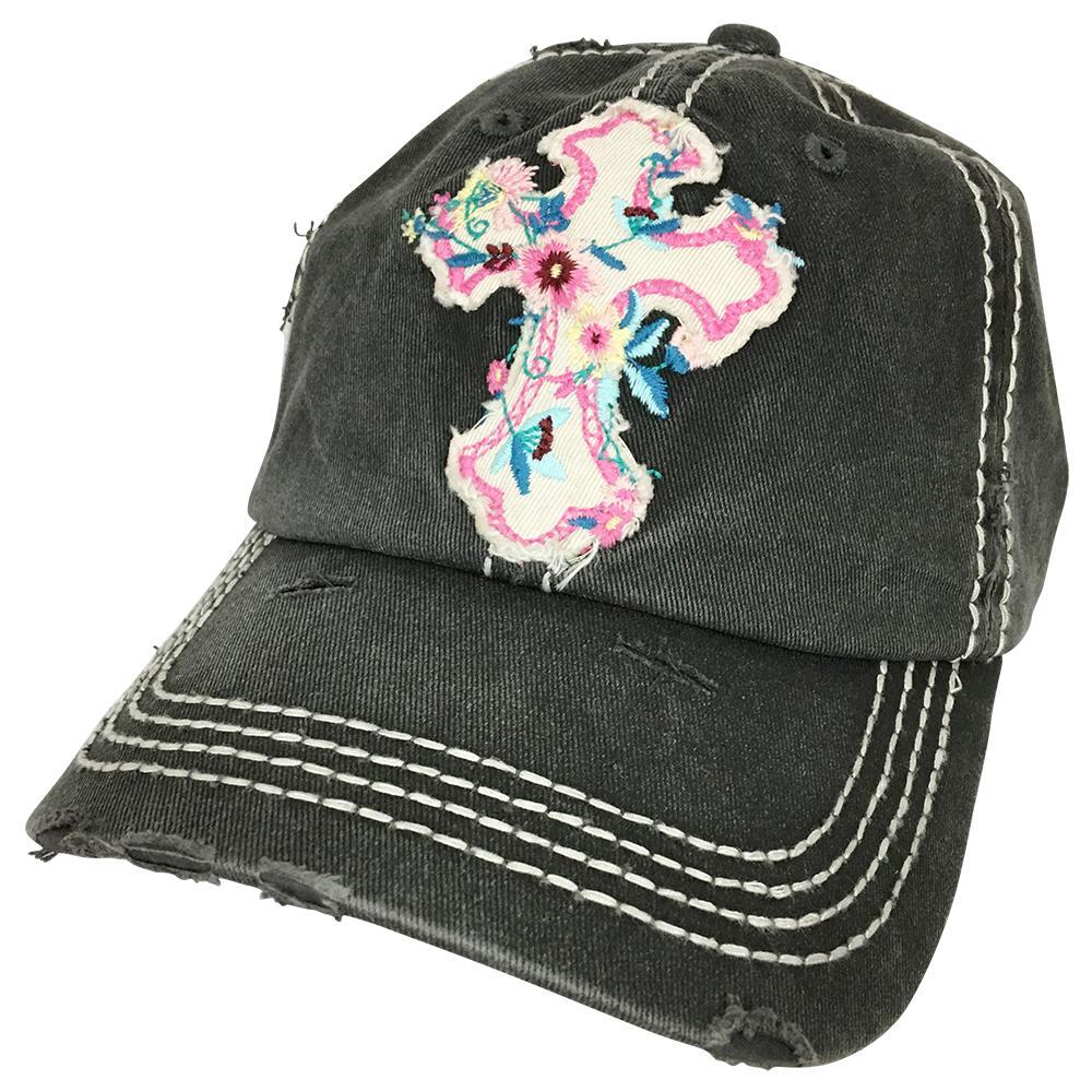 KBV-1208 Floral Cross Cap Black