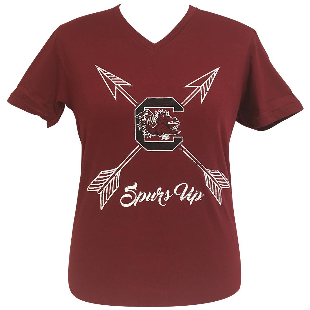 Arrows Spurs Up South Carolina Cardinal Short Sleeve V-Neck Tee