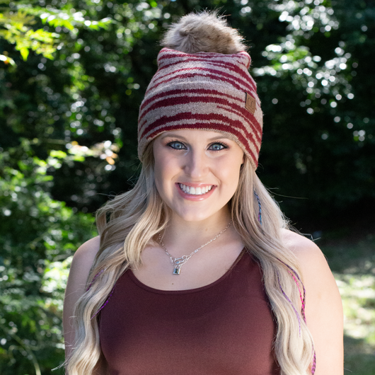 HAT-3607 Zebra Stripe Beanie w/Faux Fur Pom Burgundy