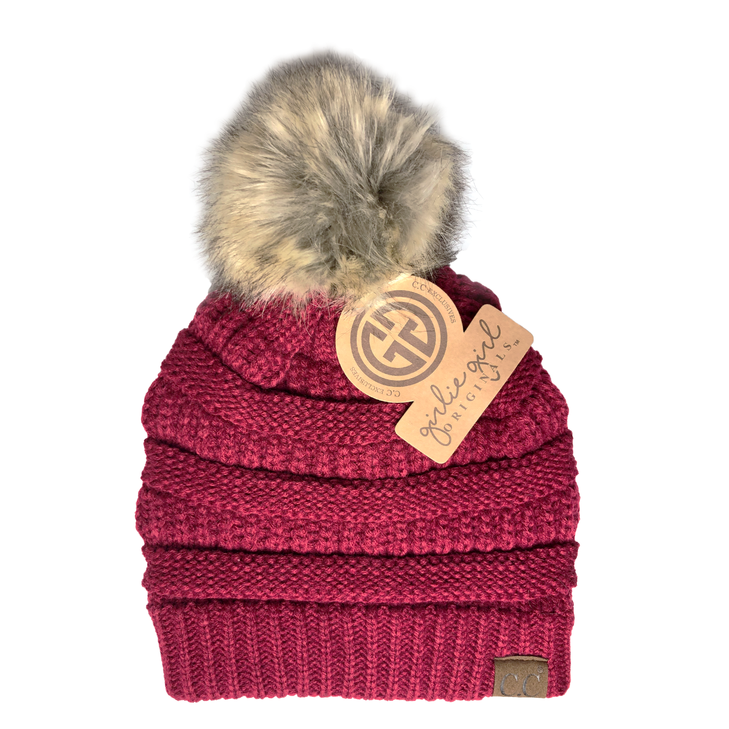 Hat-43 BEANIE W/FAUX FUR POM - BURGUNDY