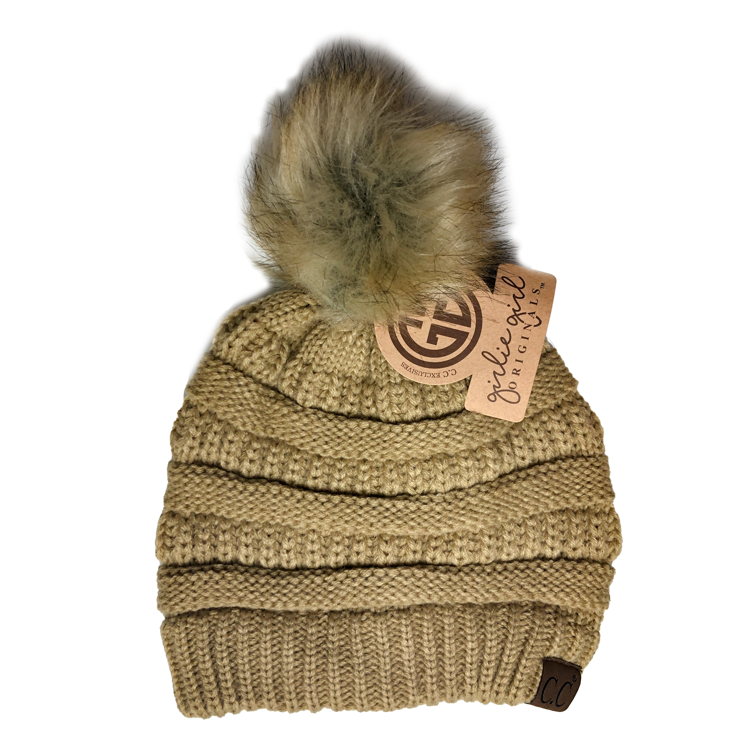 Hat-43 BEANIE W/FAUX FUR POM - CAMEL