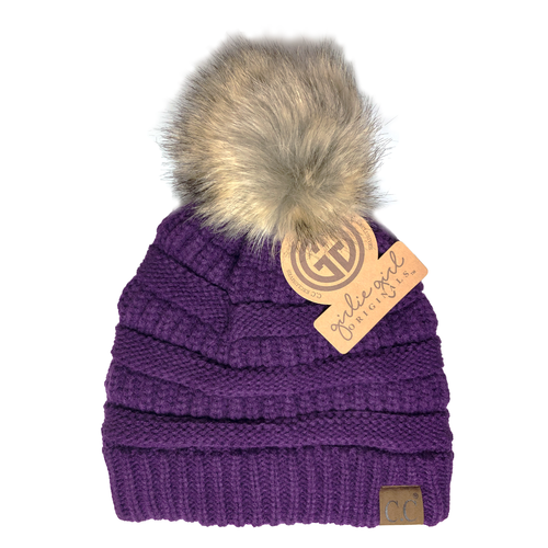 Hat-43 BEANIE W/FAUX FUR POM - DARK PURPLE – girliegirloriginals