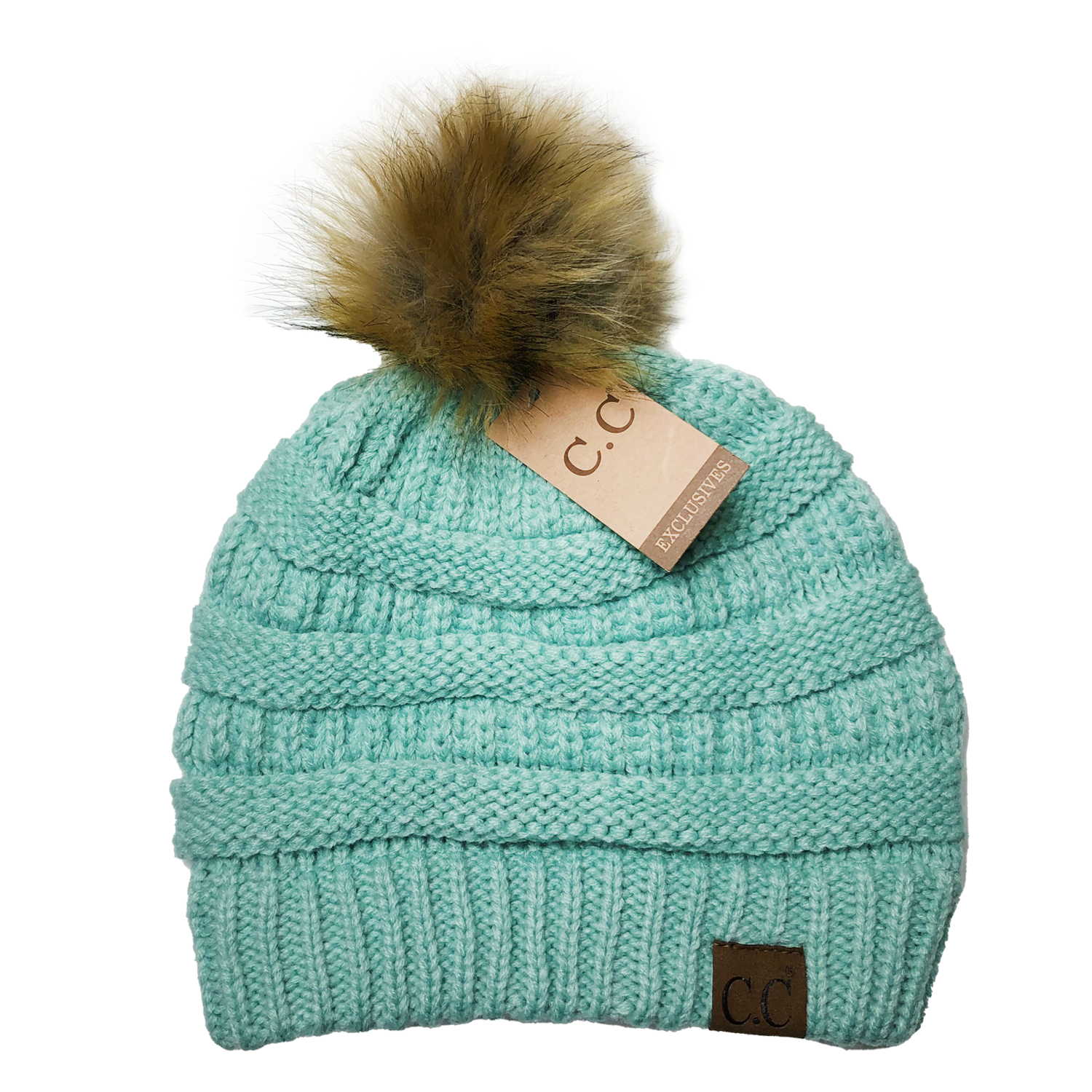 Hat-43 BEANIE W/FAUX FUR POM - Mint