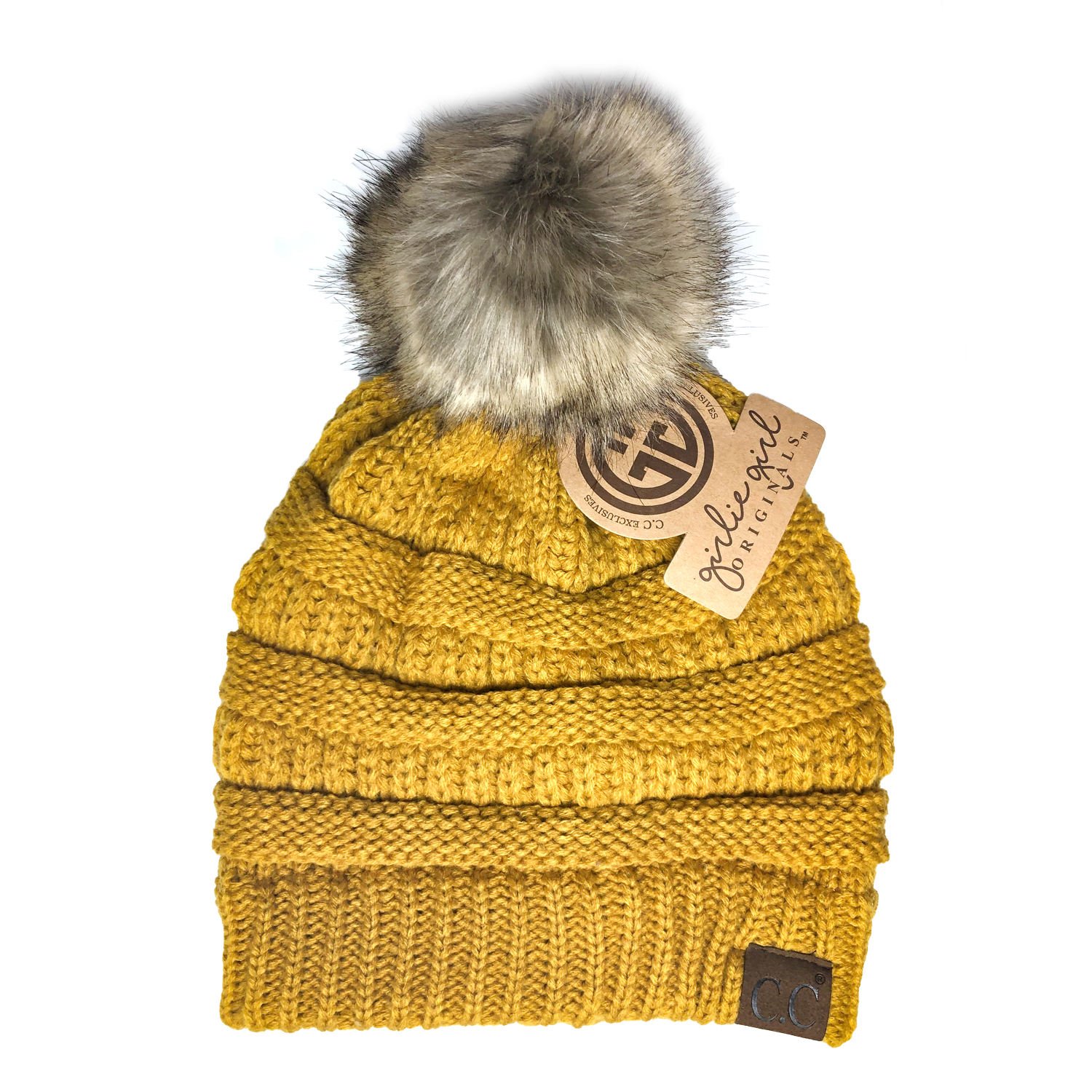 Hat-43 BEANIE W/FAUX FUR POM - MUSTARD