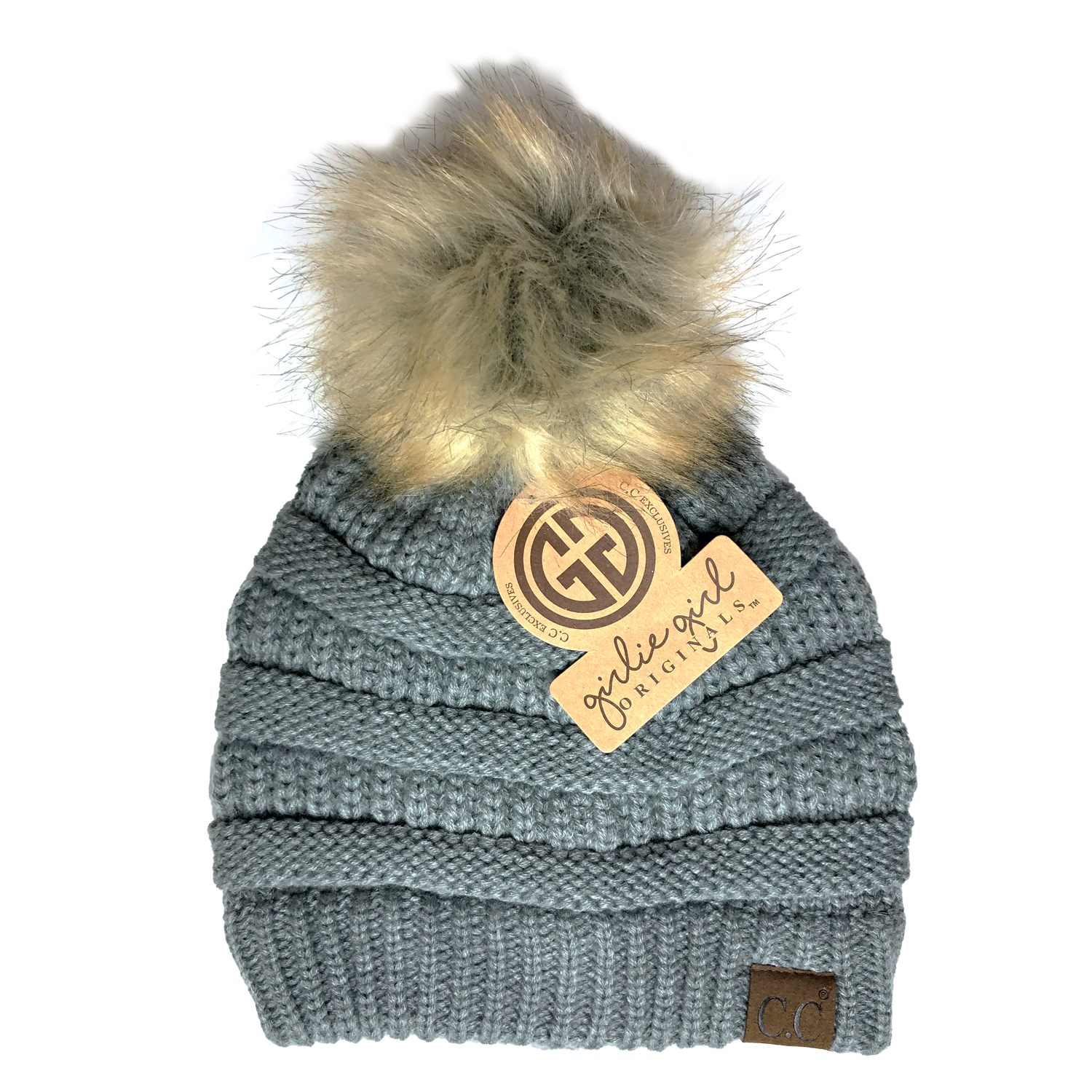 Hat-43 BEANIE W/FAUX FUR POM - NATURAL GREY