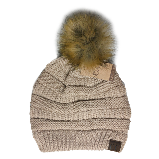 Hat-43 BEANIE W/FAUX FUR POM - NEW BEIGE