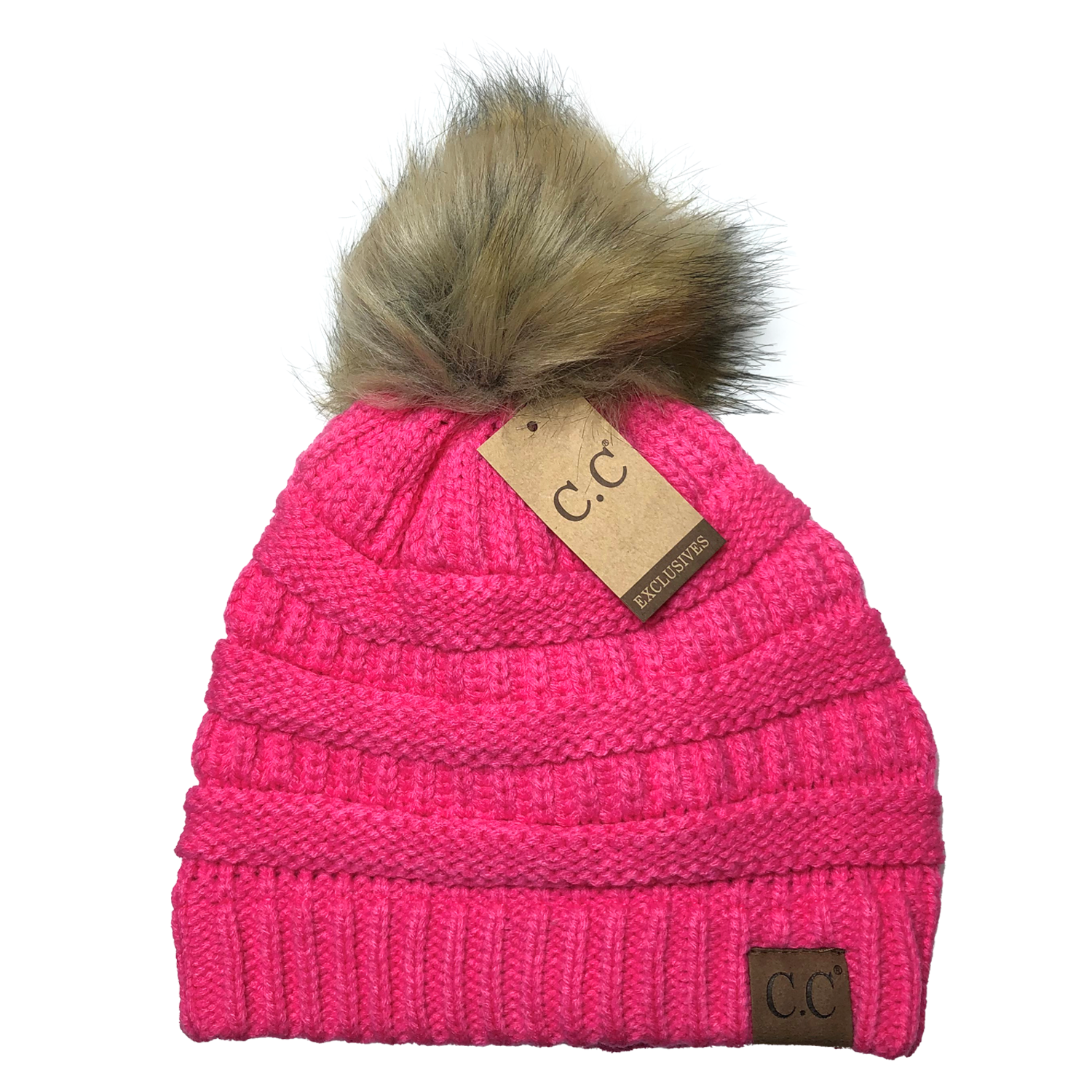 Hat-43 BEANIE W/FAUX FUR POM - NEW CANDY PINK