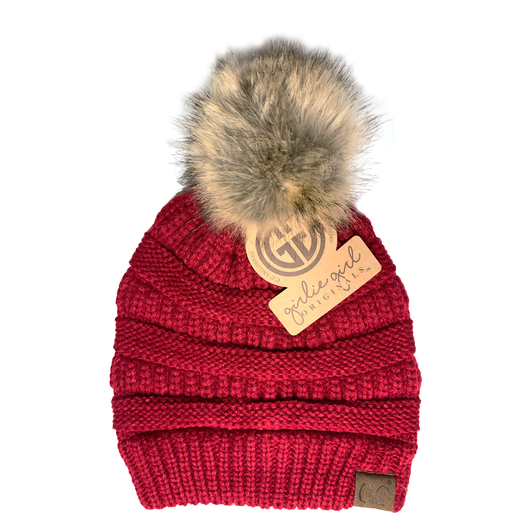 Hat-43 BEANIE W/FAUX FUR POM - RED