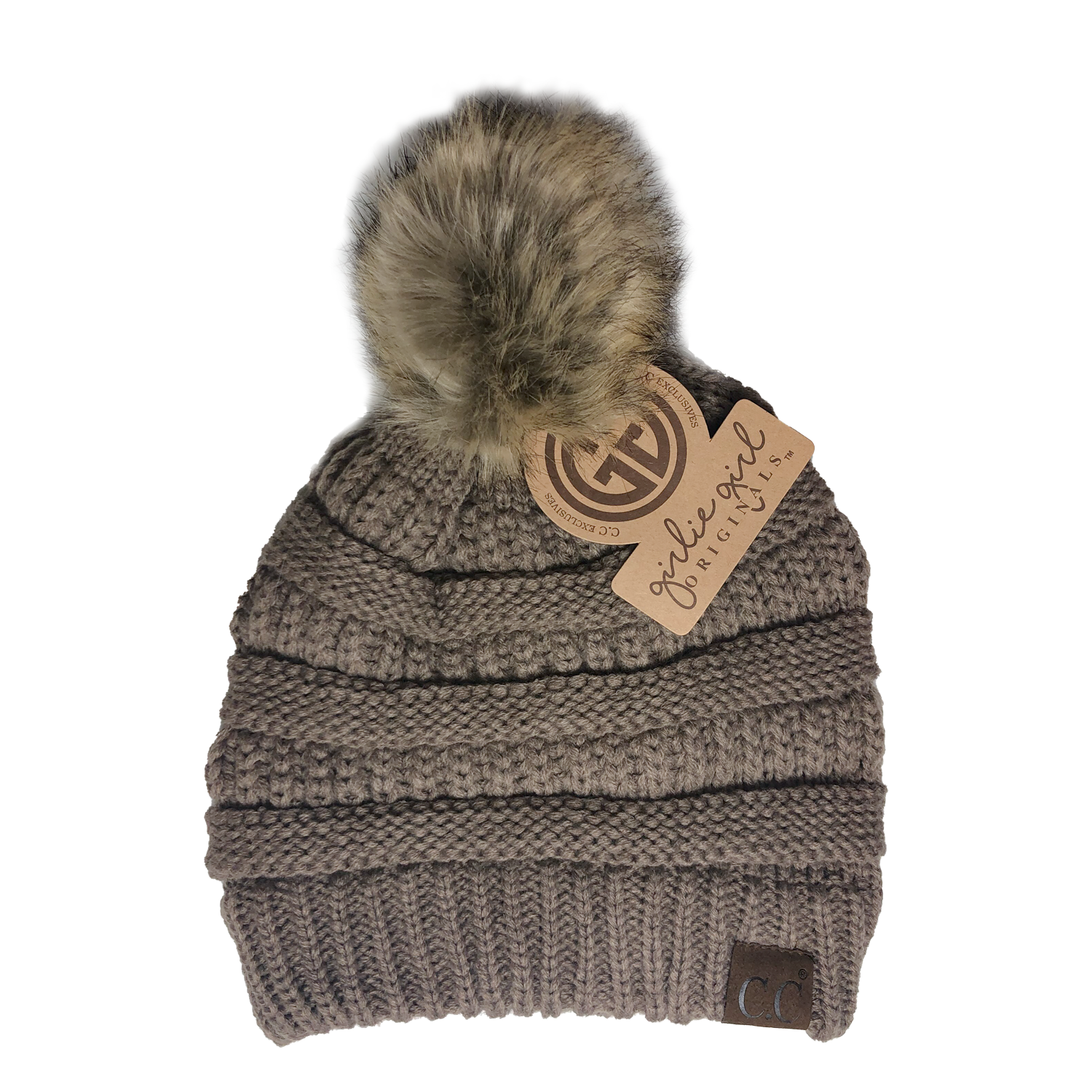 Hat-43 BEANIE W/FAUX FUR POM - TAUPE