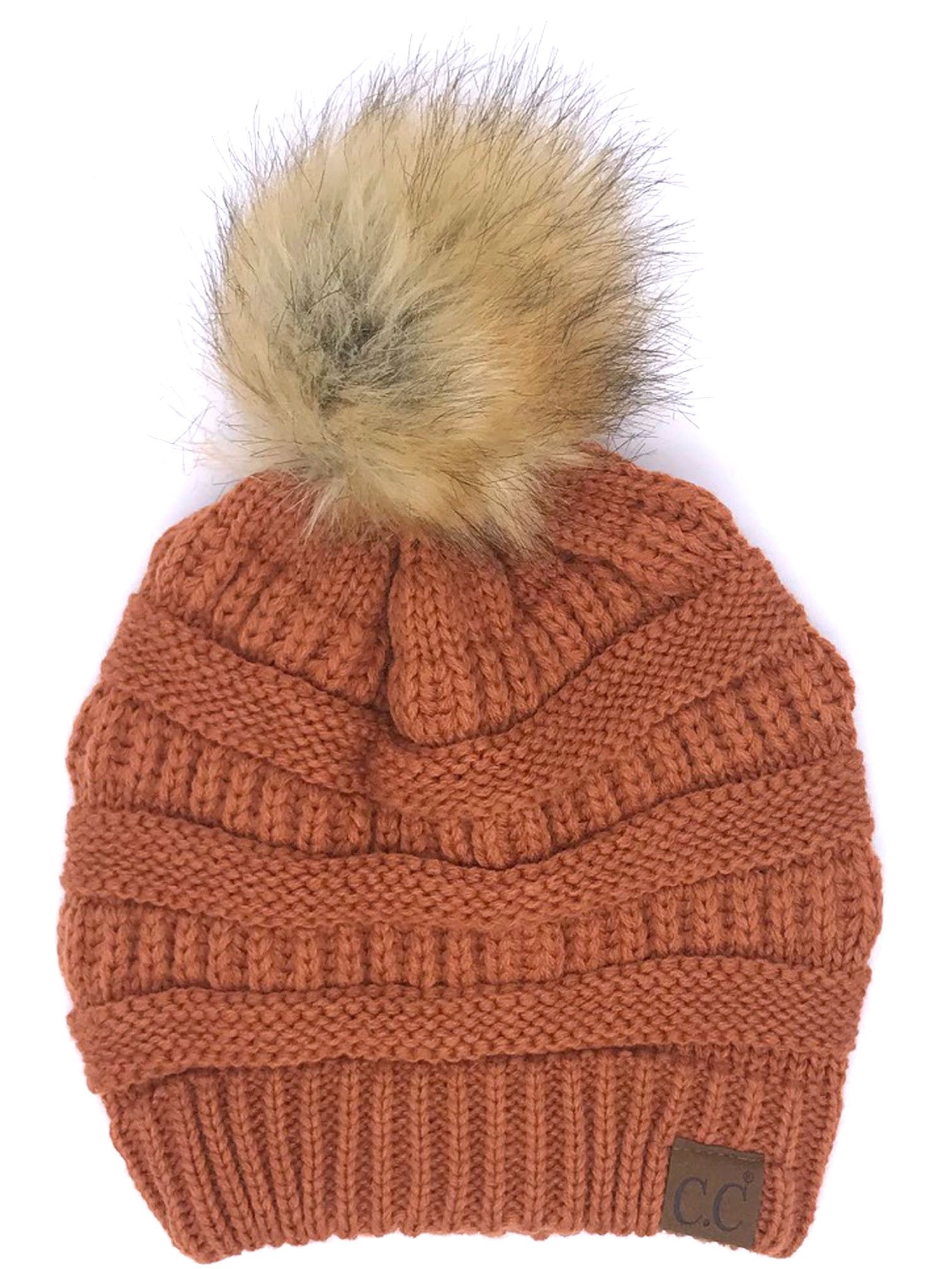 Hat-43 BEANIE W/FAUX FUR POM - RUST