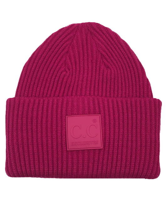 HAT-7007 Beanie with Rubber Patch Hot Pink