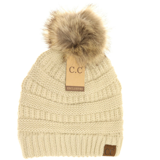 Hat-43 BEANIE W/FAUX FUR POM - BEIGE